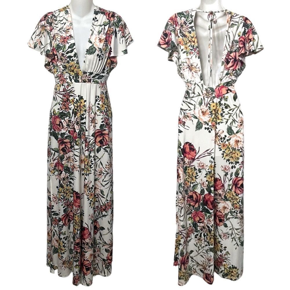 VERONICA M Stretch Floral Flutter Sleeve Maxi Dress S